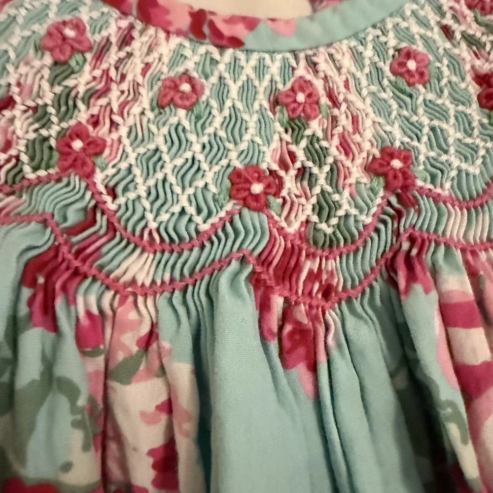 Smocked Auctions Teal Pink Floral Print Smocked Angel Sleeve Dress Size 3T Girls